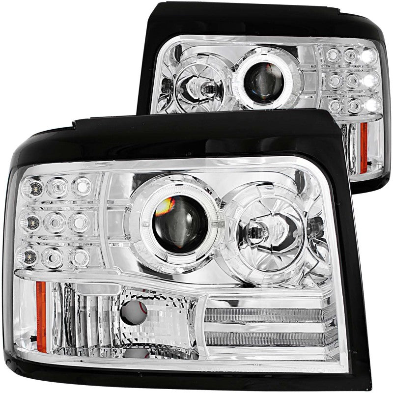 ANZO 1992-1996 Ford F-150 Projector Headlights with Halo Chrome and side marker lights, showcasing a sleek design and clear lens.