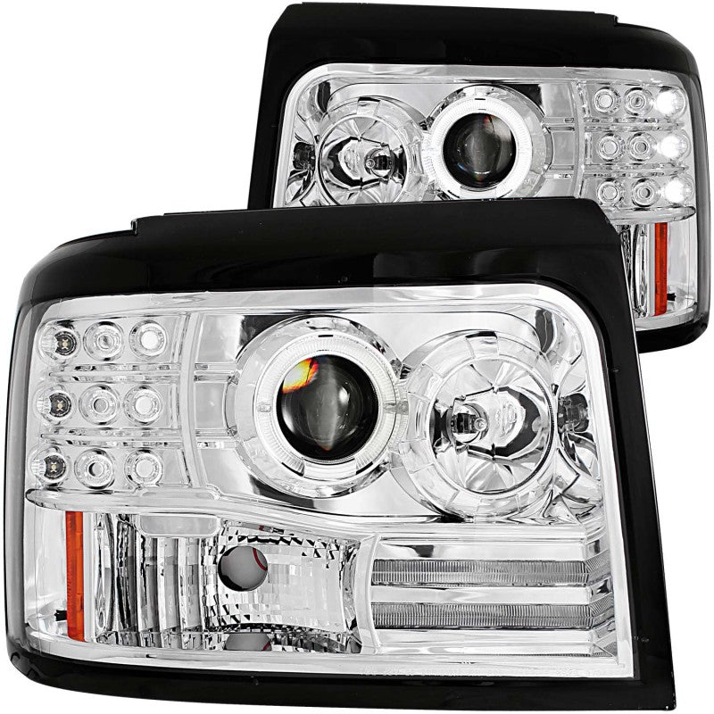 ANZO 1992-1996 Ford F-150 Projector Headlights with Halo Chrome and side marker lights, showcasing a sleek design and clear lens.