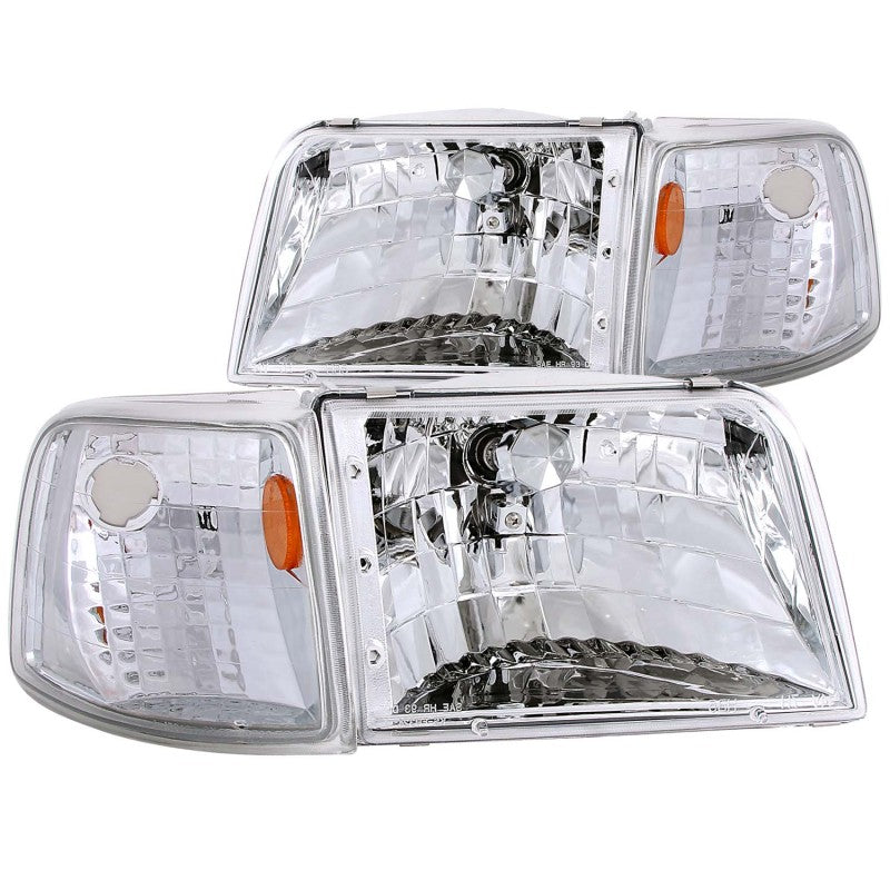 ANZO 1993-1997 Ford Ranger Crystal Headlights with Chrome Housing and Corner Lights, showcasing clear lens and sleek design.