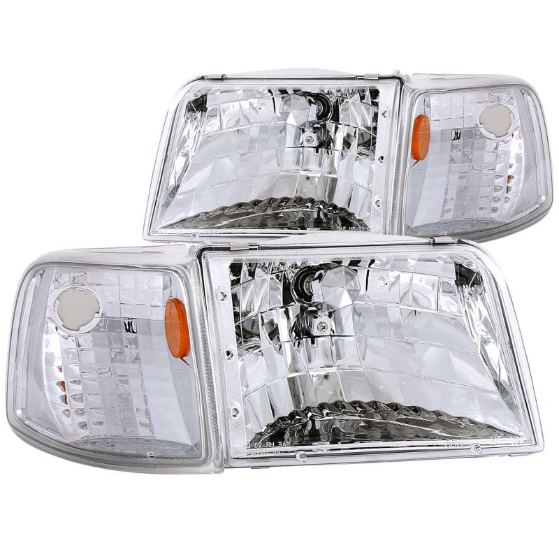 ANZO 1993-1997 Ford Ranger Crystal Headlights with Chrome Housing and Corner Lights, showcasing clear lens and sleek design.