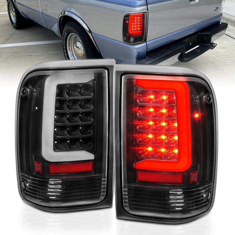 ANZO LED Tail Lights for 1993-1997 Ford Ranger with black housing and light bar design.