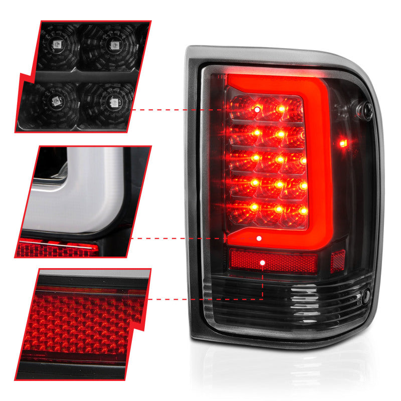ANZO LED Tail Lights for 1993-1997 Ford Ranger with black housing and light bar design.