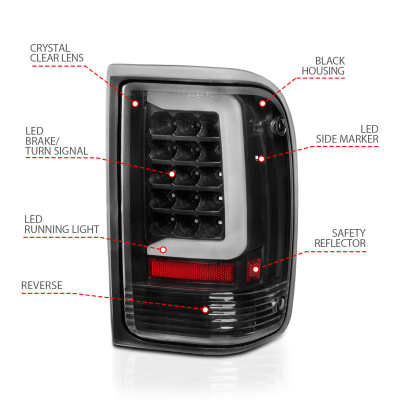ANZO LED Tail Lights for 1993-1997 Ford Ranger with black housing and light bar design.