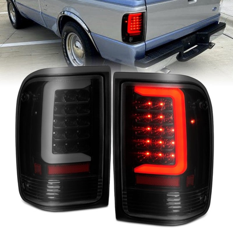 ANZO LED Tail Lights for 1993-1997 Ford Ranger with black housing and light bar design, showcasing modern styling and enhanced visibility.