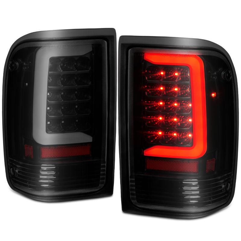 ANZO LED Tail Lights for 1993-1997 Ford Ranger with black housing and light bar design, showcasing modern styling and enhanced visibility.