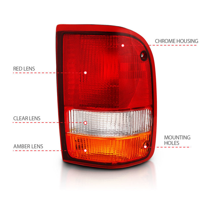 ANZO 1993-1997 Ford Ranger Tail Light in Red and Clear, showcasing its modern design and durable construction.
