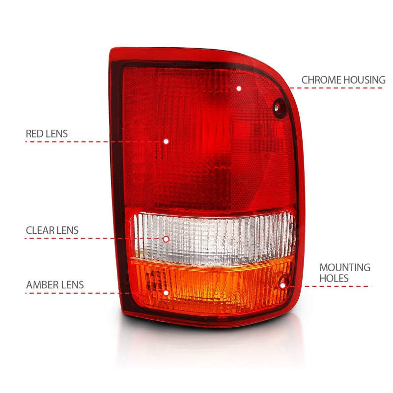 ANZO 1993-1997 Ford Ranger Tail Light in Red and Clear, showcasing its modern design and durable construction.