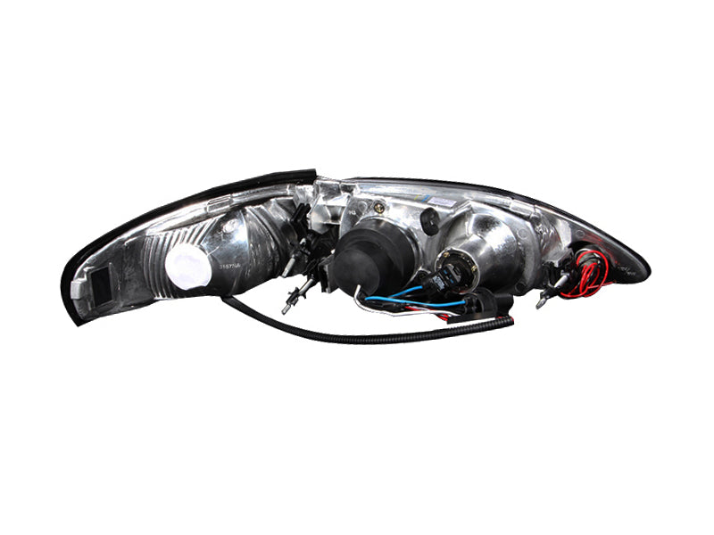 ANZO projector headlights with halo black design for 1994-1998 Ford Mustang, featuring clear lens and black housing.