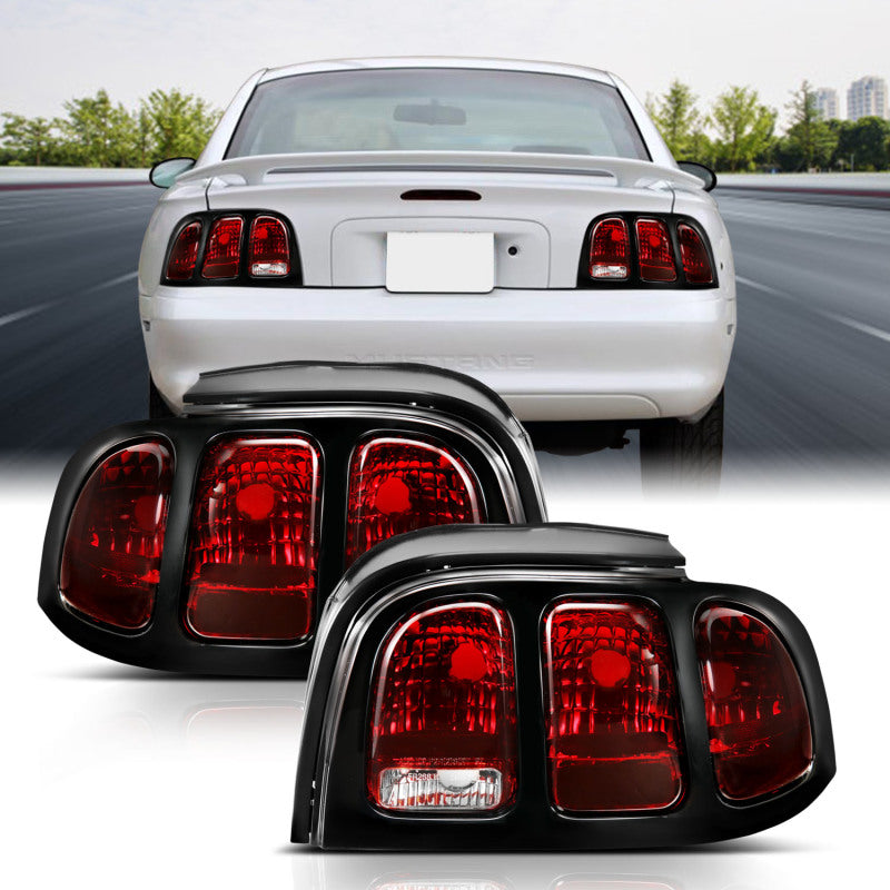 ANZO dark red taillight lens for 1994-1998 Ford Mustang, showcasing its sleek design and perfect fit.