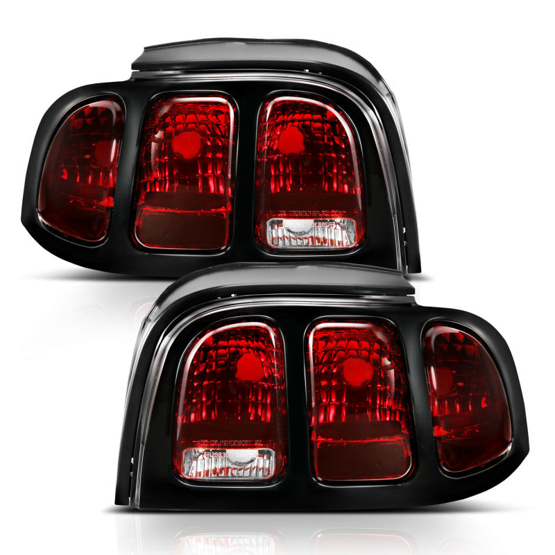 ANZO dark red taillight lens for 1994-1998 Ford Mustang, showcasing its sleek design and perfect fit.