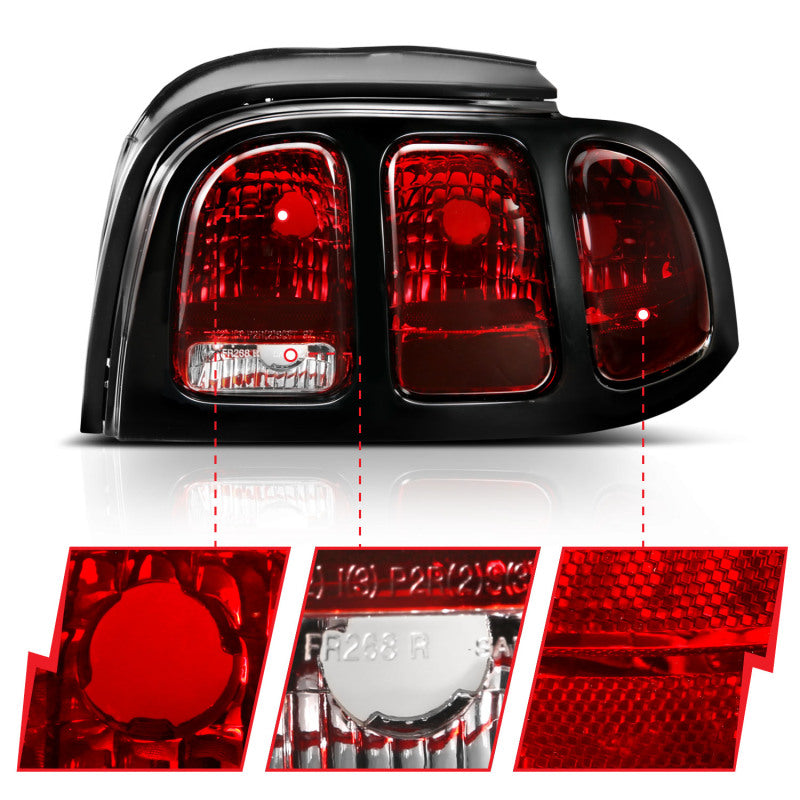 ANZO dark red taillight lens for 1994-1998 Ford Mustang, showcasing its sleek design and perfect fit.