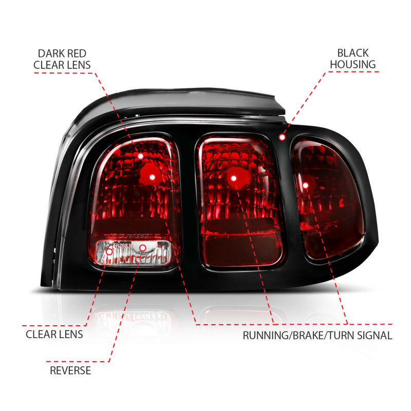 ANZO dark red taillight lens for 1994-1998 Ford Mustang, showcasing its sleek design and perfect fit.