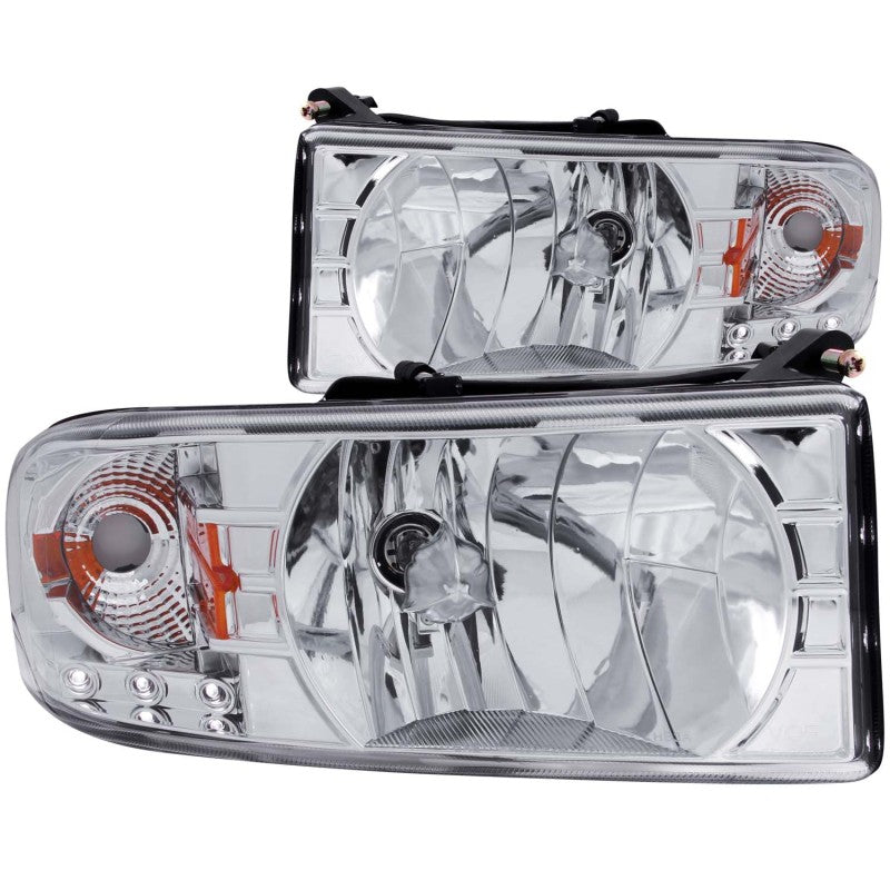 ANZO 1994-2001 Dodge Ram Crystal Headlights with chrome housing and LED, showcasing clear lens and modern design.