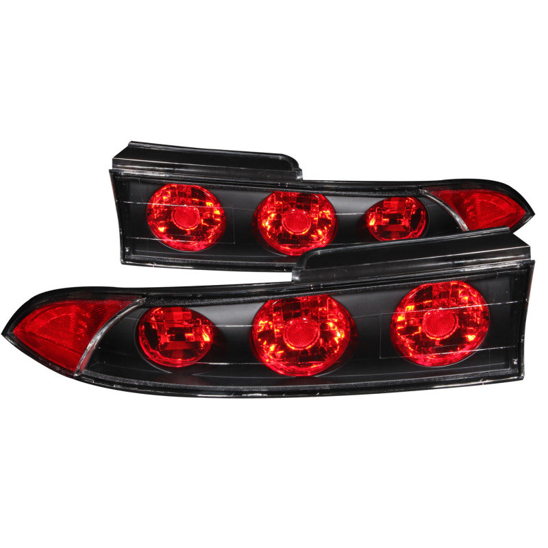 ANZO 1995-1999 Mitsubishi Eclipse taillights featuring a sleek black housing and clear lens, designed for improved visibility and style.
