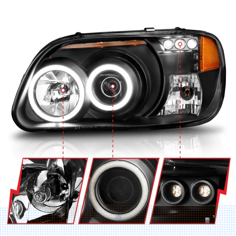 ANZO 1995-2001 Ford Explorer Projector Headlights with Halo in black housing, showcasing clear lens and modern design.