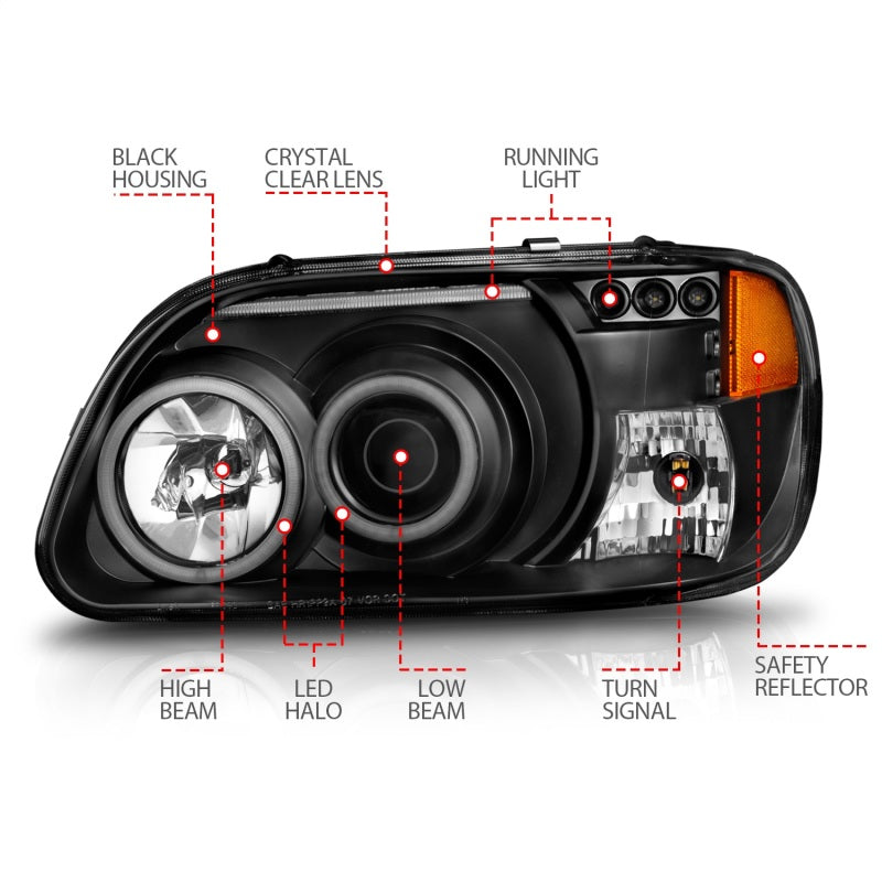 ANZO 1995-2001 Ford Explorer Projector Headlights with Halo in black housing, showcasing clear lens and modern design.