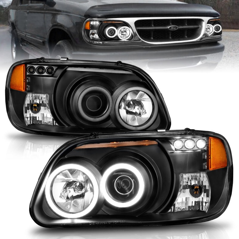 ANZO 1995-2001 Ford Explorer Projector Headlights with Halo in black housing, showcasing clear lens and modern design.