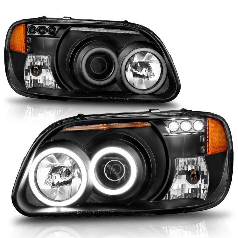 ANZO 1995-2001 Ford Explorer Projector Headlights with Halo in black housing, showcasing clear lens and modern design.