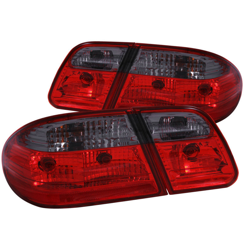 ANZO 1996-2002 Mercedes Benz E Class W210 taillights featuring a red and smoke lens design, enhancing vehicle aesthetics and visibility.