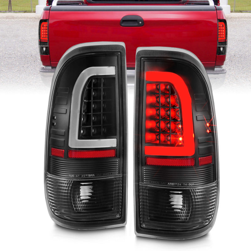 ANZO 1997-2003 Ford F-150 LED Tail Lights with black housing and light bar design, showcasing enhanced visibility and modern style.