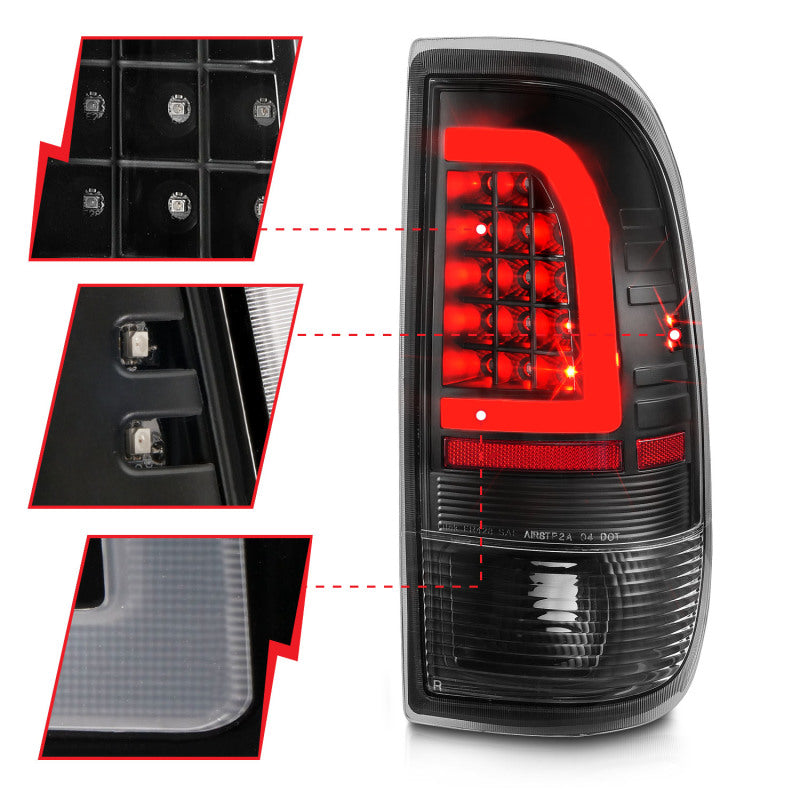 ANZO 1997-2003 Ford F-150 LED Tail Lights with black housing and light bar design, showcasing enhanced visibility and modern style.