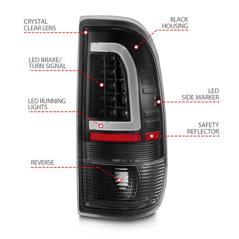 ANZO 1997-2003 Ford F-150 LED Tail Lights with black housing and light bar design, showcasing enhanced visibility and modern style.