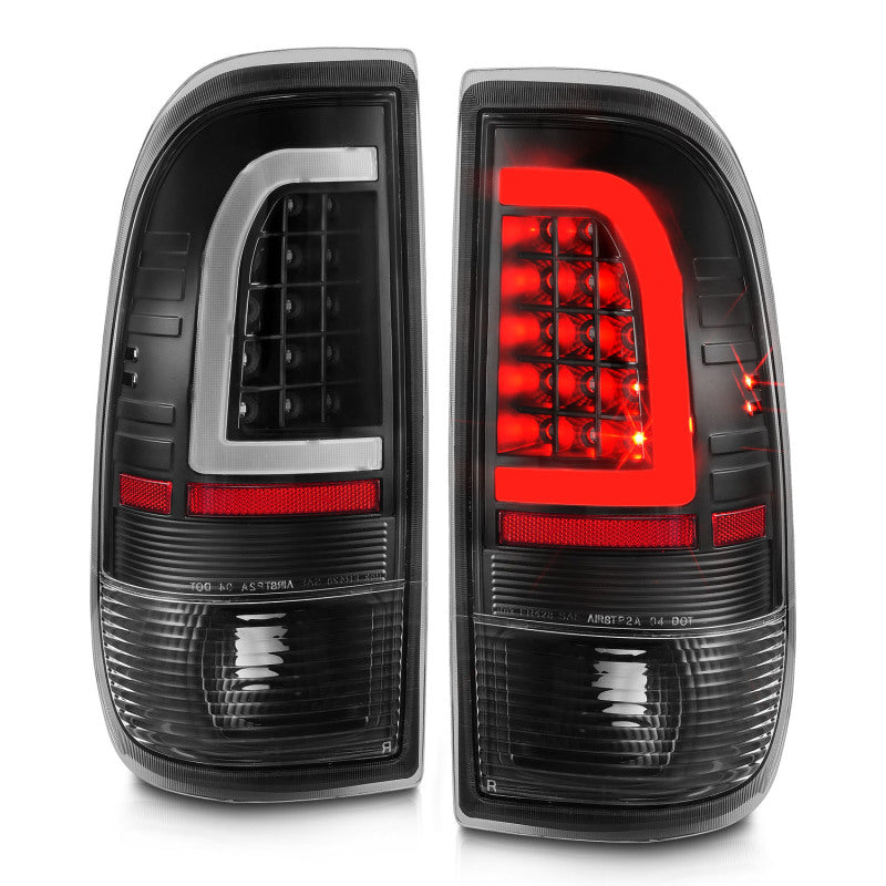 ANZO 1997-2003 Ford F-150 LED Tail Lights with black housing and light bar design, showcasing enhanced visibility and modern style.