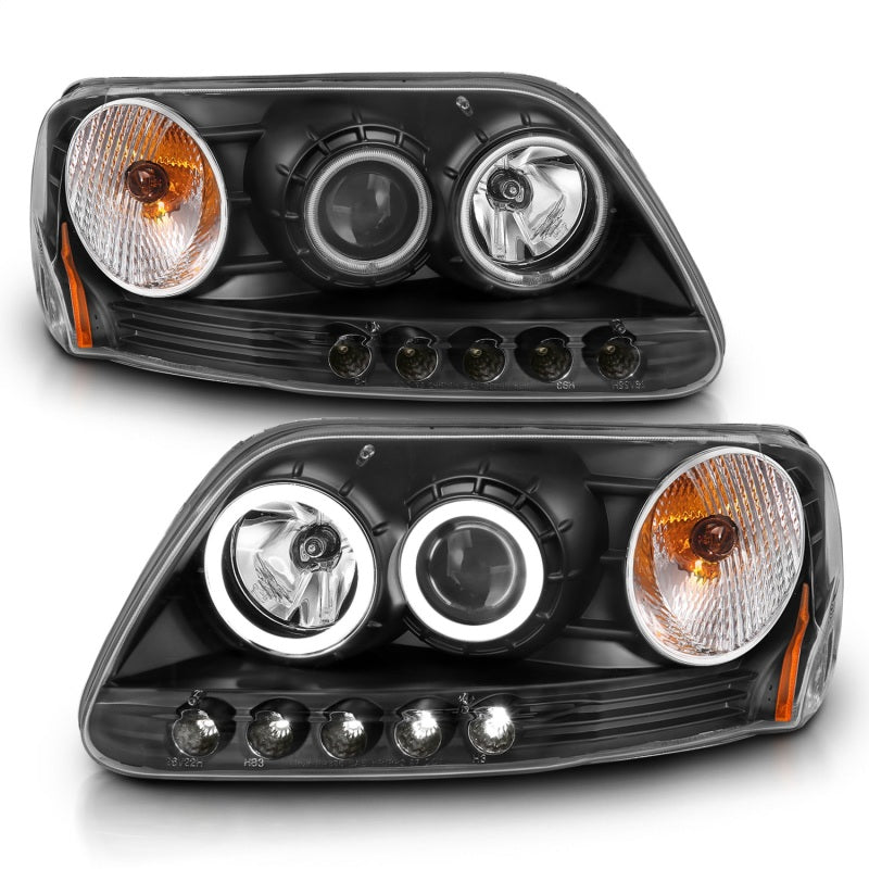 ANZO 1997-2003 Ford F-150 Projector Headlights with Halo Black, showcasing clear lens and sleek black housing.
