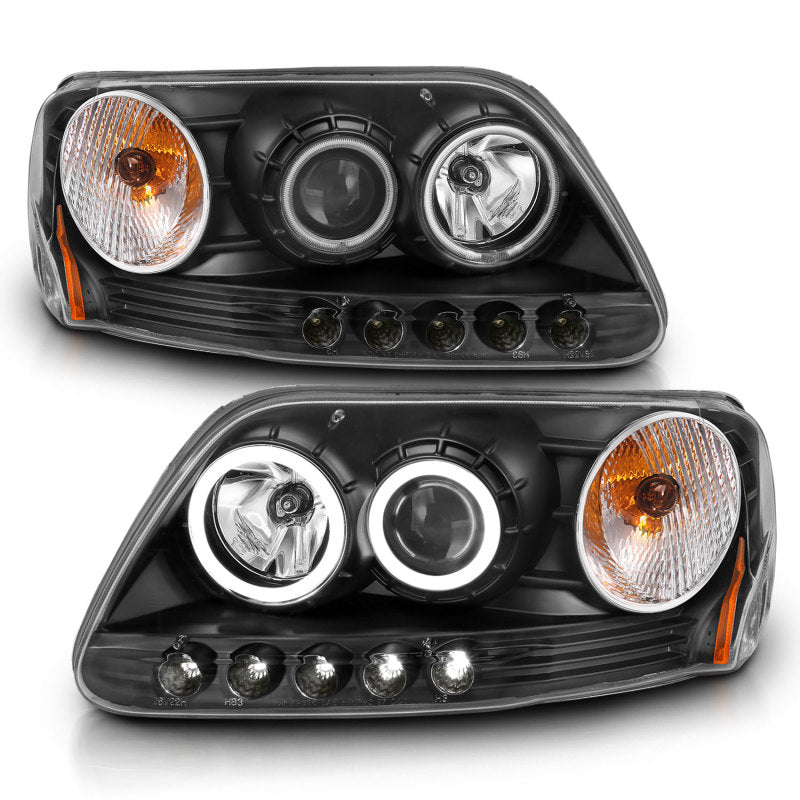 ANZO 1997-2003 Ford F-150 Projector Headlights with Halo Black, showcasing clear lens and sleek black housing.