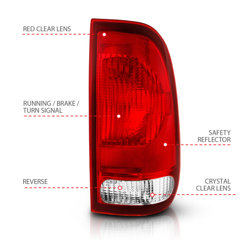 ANZO 1997-2003 Ford F-150 Taillight featuring a red and clear lens design, ideal for OE replacement.