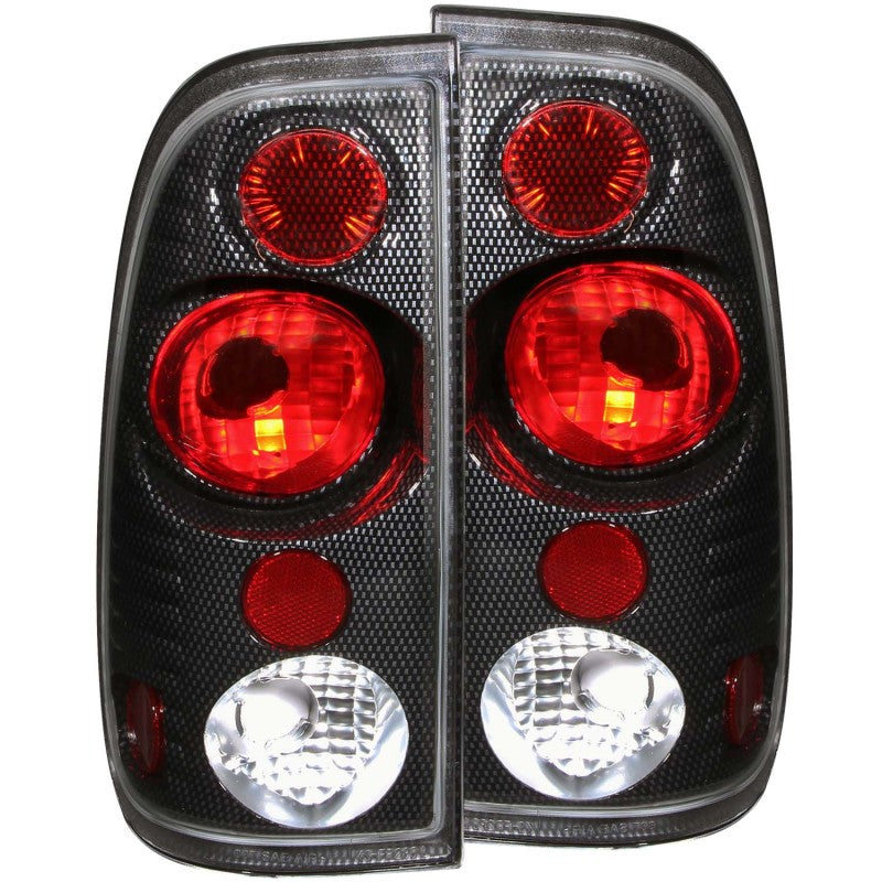 ANZO 1997-2003 Ford F-150 taillights featuring clear/red lens and carbon housing, designed for easy installation and improved vehicle appearance.