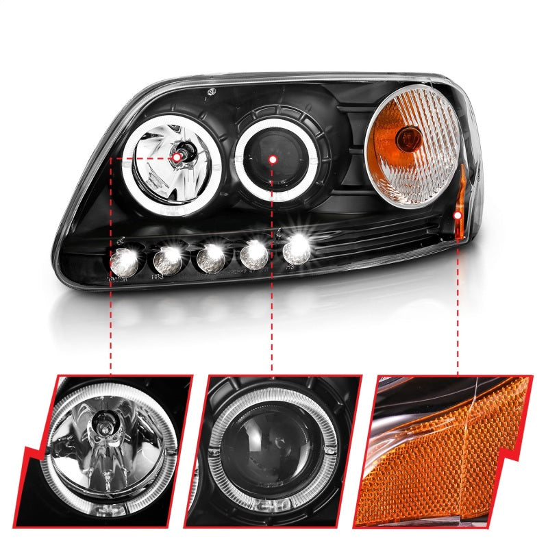 ANZO 1997.5-2003 Ford F-150 projector headlights with halo and LED lights in black housing, showcasing modern design and enhanced visibility.