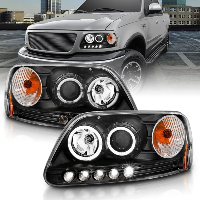 ANZO 1997.5-2003 Ford F-150 projector headlights with halo and LED lights in black housing, showcasing modern design and enhanced visibility.