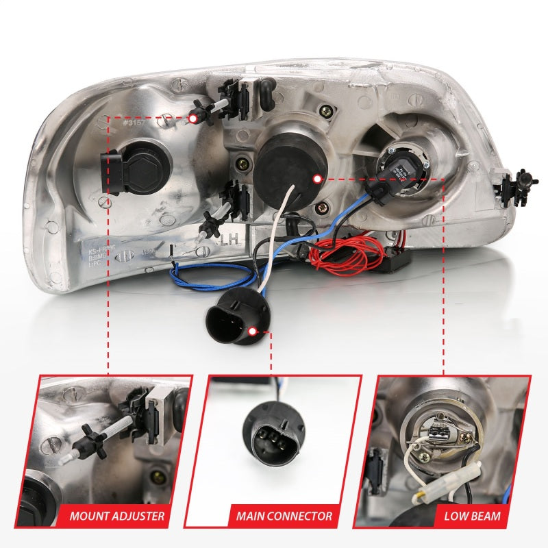 ANZO 1997.5-2003 Ford F-150 projector headlights with halo and LED lights in black housing, showcasing modern design and enhanced visibility.