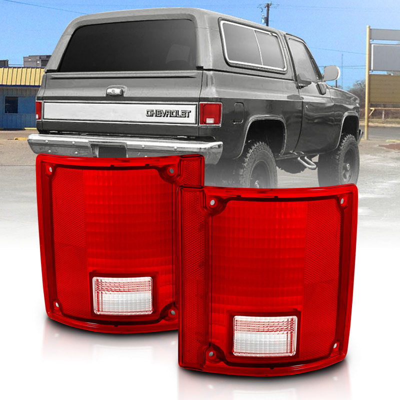 ANZO 1978-1991 Chevy Blazer taillight assembly featuring a red and clear lens design without chrome trim.