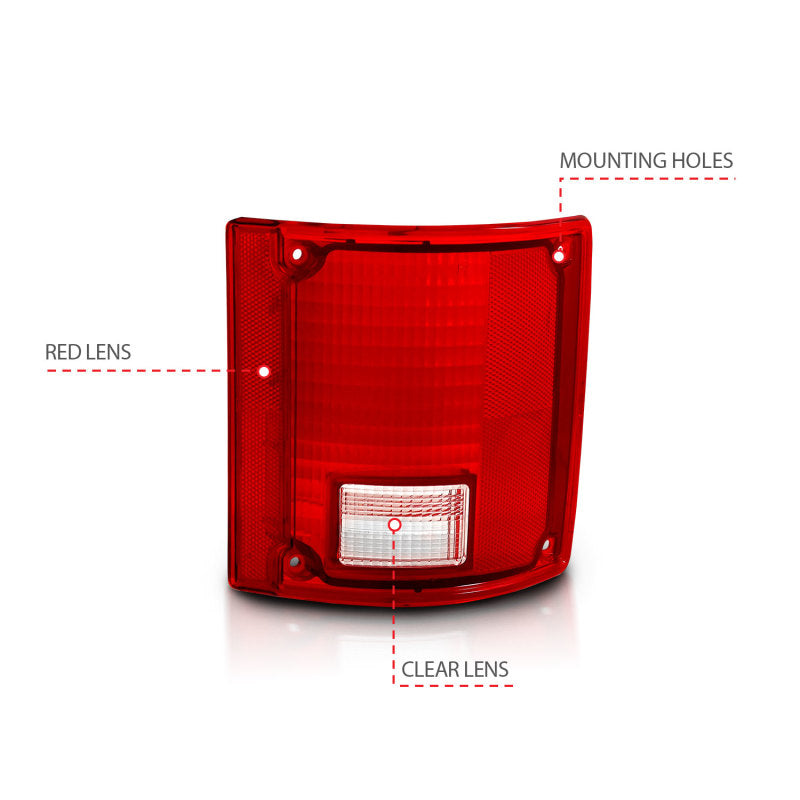 ANZO 1978-1991 Chevy Blazer taillight assembly featuring a red and clear lens design without chrome trim.
