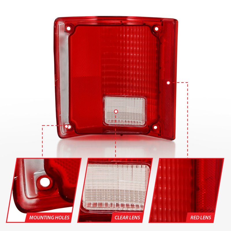 ANZO 1978-1991 Chevy Blazer taillight assembly featuring a red and clear lens design without chrome trim.