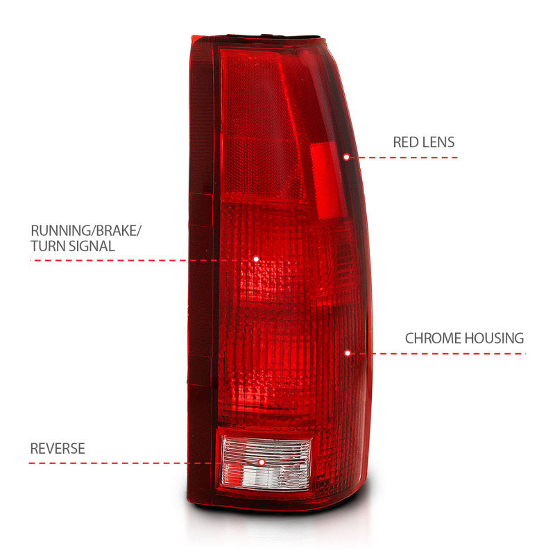 ANZO 1988-1999 Chevy C1500 taillight with red and clear lens, showcasing its sleek design and high-quality construction.