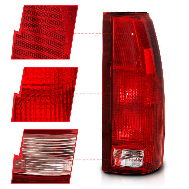 ANZO 1988-1999 Chevy C1500 taillight with red and clear lens, showcasing its sleek design and high-quality construction.