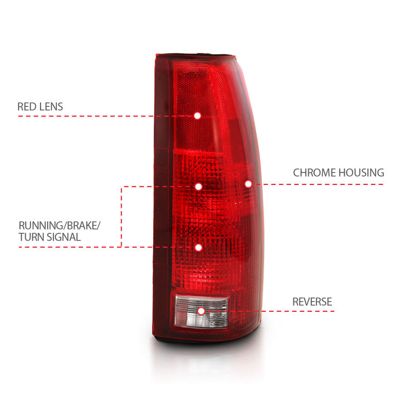 ANZO 1988-1999 Chevy C1500 Taillight featuring a red and clear lens design with a circuit board, showcasing its modern styling and quality construction.
