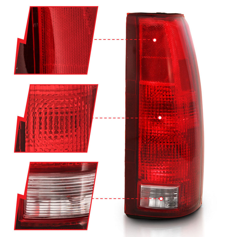 ANZO 1988-1999 Chevy C1500 Taillight featuring a red and clear lens design with a circuit board, showcasing its modern styling and quality construction.