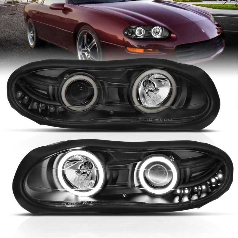 ANZO projector headlights with halo black design for 1998-2002 Chevrolet Camaro, featuring clear lens and black housing.