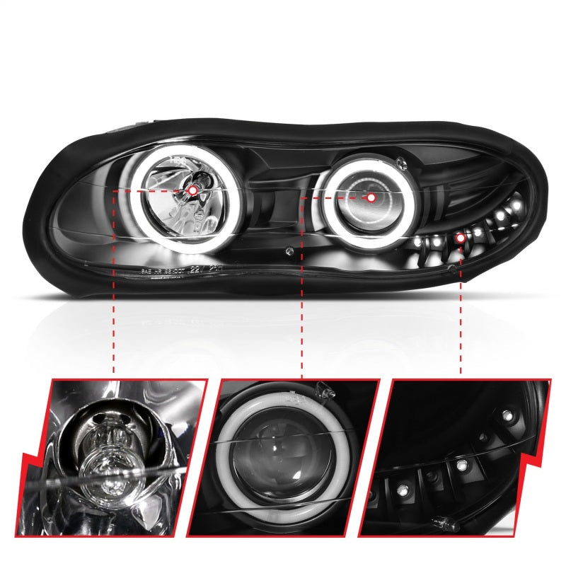 ANZO projector headlights with halo black design for 1998-2002 Chevrolet Camaro, featuring clear lens and black housing.