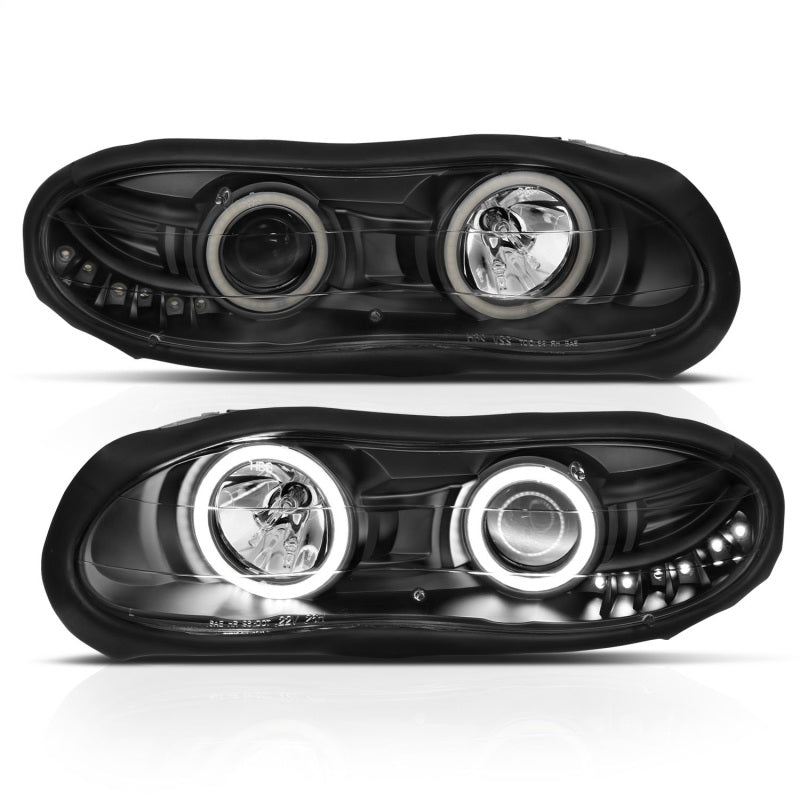 ANZO projector headlights with halo black design for 1998-2002 Chevrolet Camaro, featuring clear lens and black housing.