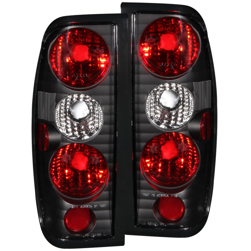 ANZO Black Taillights for 1998-2004 Nissan Frontier, featuring clear lens and sleek black housing.