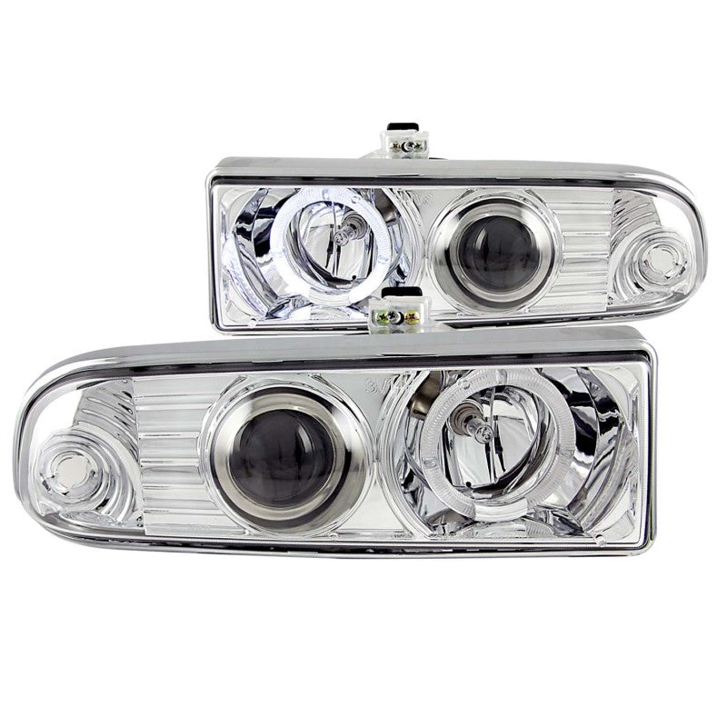 ANZO 1998-2005 Chevrolet S-10 Projector Headlights with Halo Chrome, featuring clear lens and chrome housing for enhanced visibility.