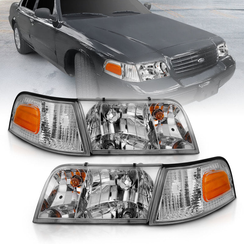 ANZO Crystal Headlight Chrome Set for 1998-2005 Ford Crown Victoria, featuring clear lens and black housing.