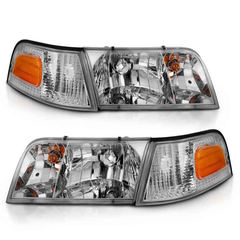 ANZO Crystal Headlight Chrome Set for 1998-2005 Ford Crown Victoria, featuring clear lens and black housing.