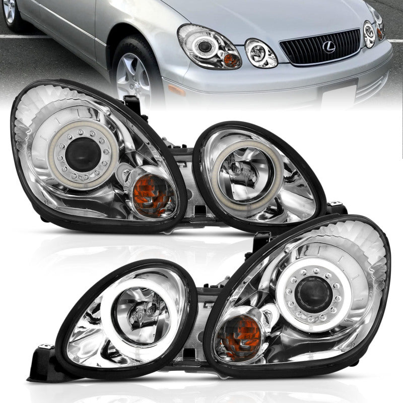 ANZO projector headlights with halo chrome for 1998-2005 Lexus GS300, featuring clear lens and chrome housing.