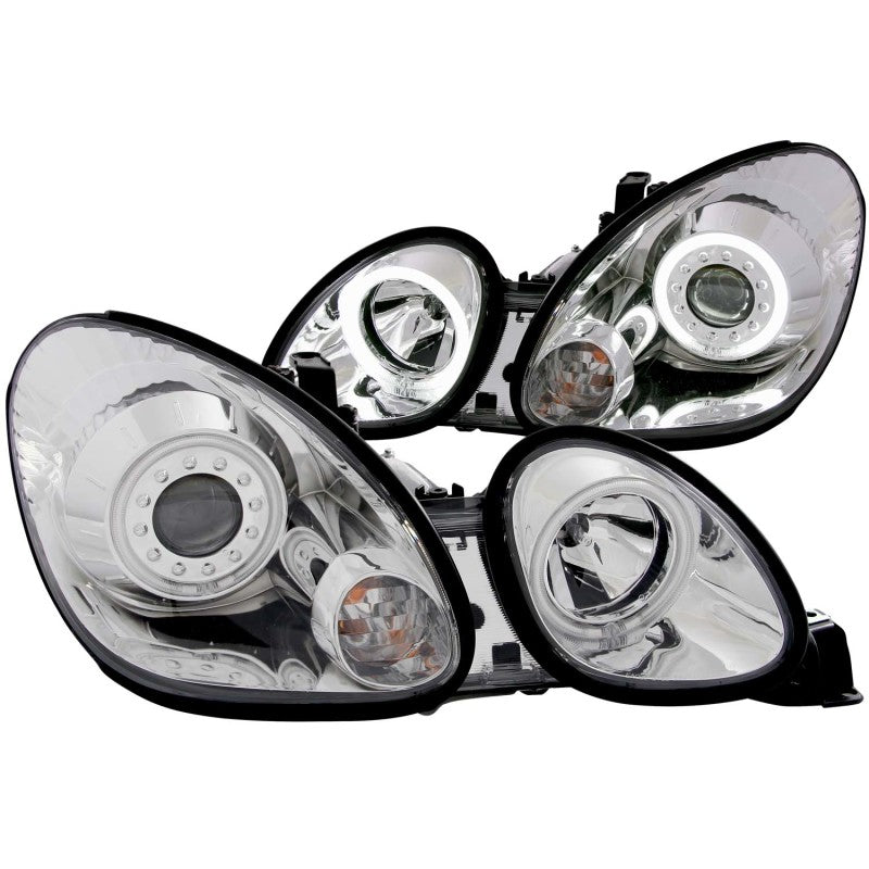 ANZO projector headlights with halo chrome for 1998-2005 Lexus GS300, featuring clear lens and chrome housing.